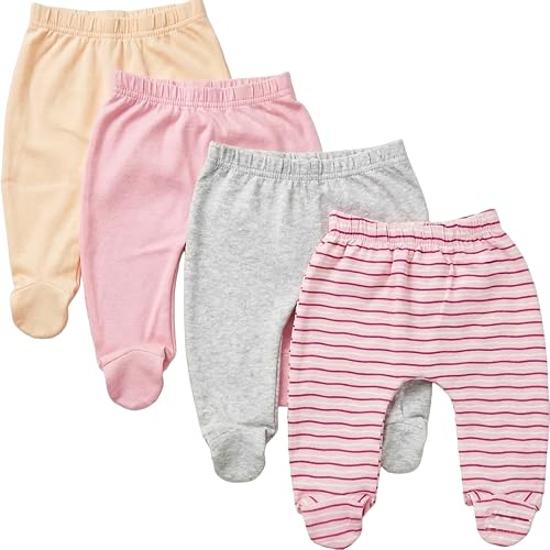 123 Bear Baby Soft Cotton Spandex Pants with Feet Multipack Pink A 4pk Newborn - Image 1