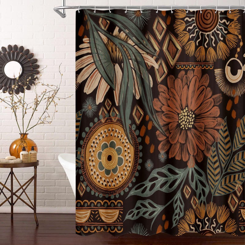 MitoVilla Boho Floral Shower Curtain  Modern Flower Shower Curtains for Rustic Vintage Bathroom Decor  Chic Elegant Fabric Cloth Shower Curtain  Bohemia Abstract Leaves  72x72 - Image 1