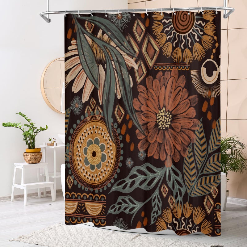 MitoVilla Boho Floral Shower Curtain  Modern Flower Shower Curtains for Rustic Vintage Bathroom Decor  Chic Elegant Fabric Cloth Shower Curtain  Bohemia Abstract Leaves  72x72 - Image 2