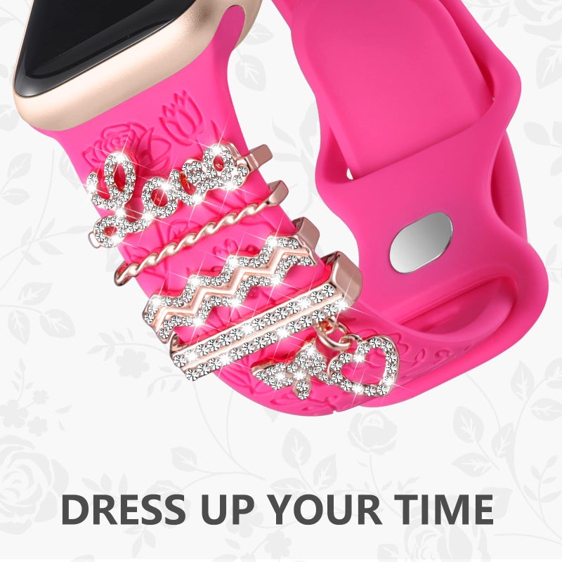 DaQin Flower Engraved Band Compatible with Apple Watch Bands for Women 40mm 38mm 41mm 42mm, Soft Silicone Strap With Dressy Decorative Apple Watch Charms for iWatch Series 11 10 9 8 7 6 5 4 3 2 1 SE - Image 3