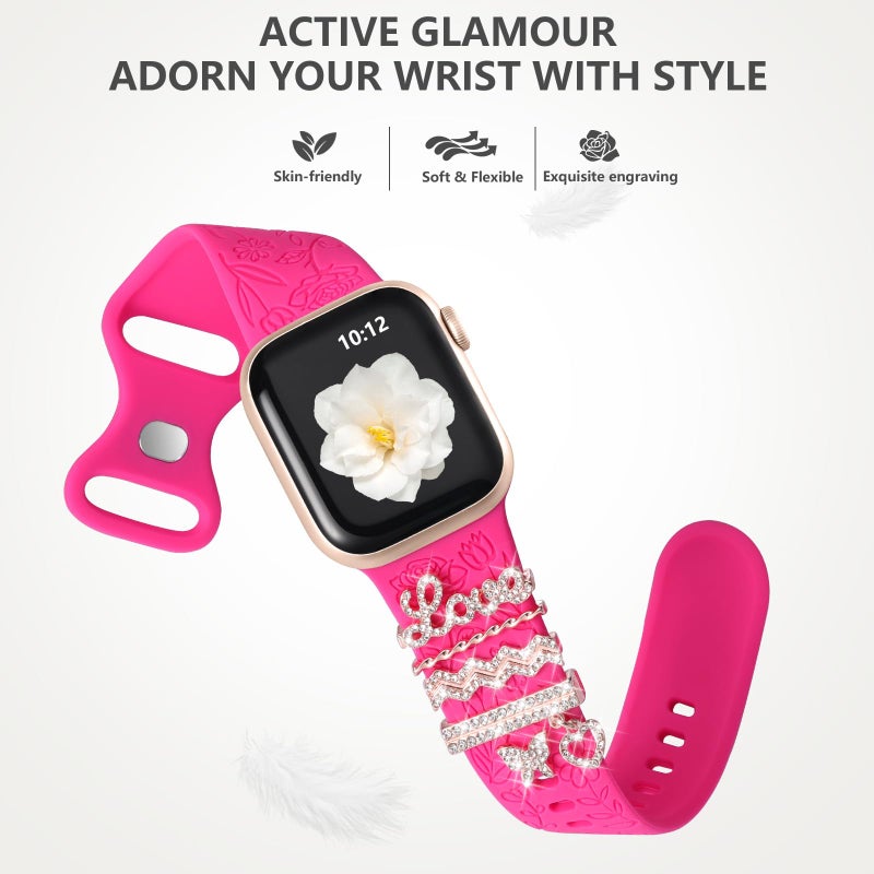 DaQin Flower Engraved Band Compatible with Apple Watch Bands for Women 40mm 38mm 41mm 42mm, Soft Silicone Strap With Dressy Decorative Apple Watch Charms for iWatch Series 11 10 9 8 7 6 5 4 3 2 1 SE - Image 5