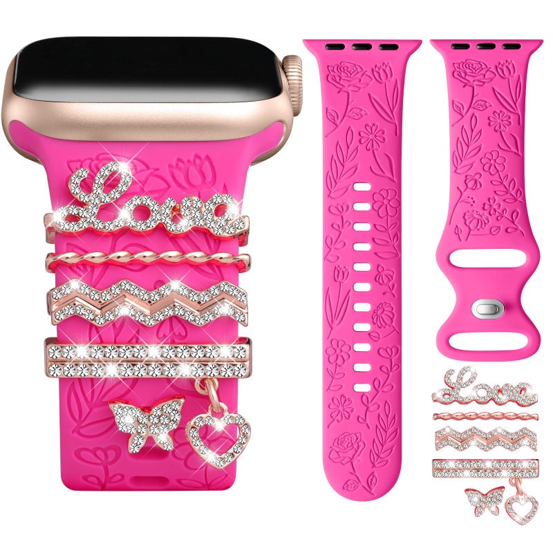 DaQin Flower Engraved Band Compatible with Apple Watch Bands for Women 40mm 38mm 41mm 42mm, Soft Silicone Strap With Dressy Decorative Apple Watch Charms for iWatch Series 11 10 9 8 7 6 5 4 3 2 1 SE - Image 1