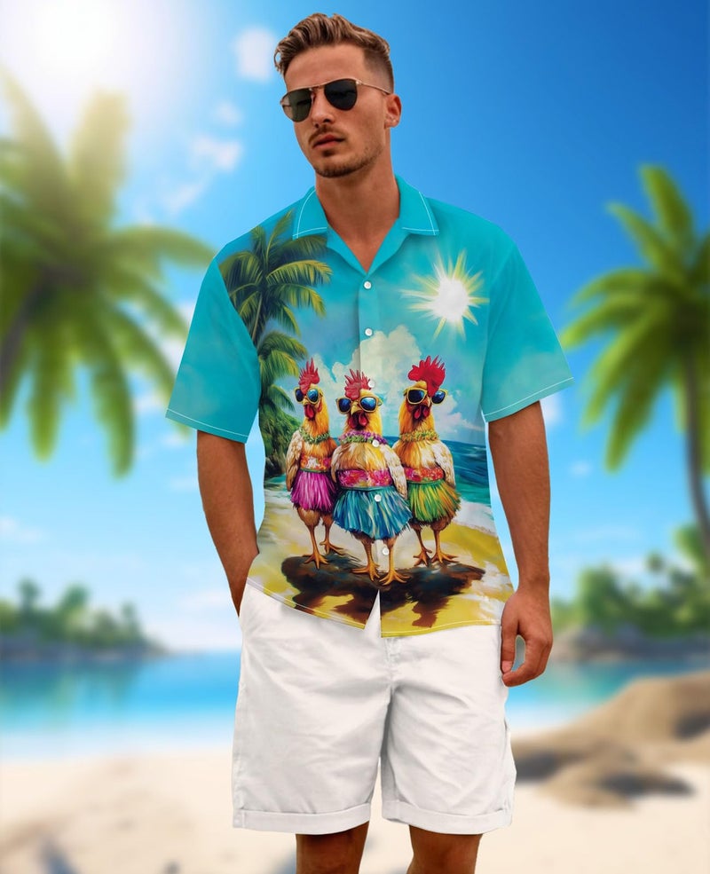 BJU Men's Hawaiian Shirt Funny Rooster Dancing Print Aloha Shirt Beach Tropical Vacation Short Sleeve Button Down Shirt Light Blue - Image 2