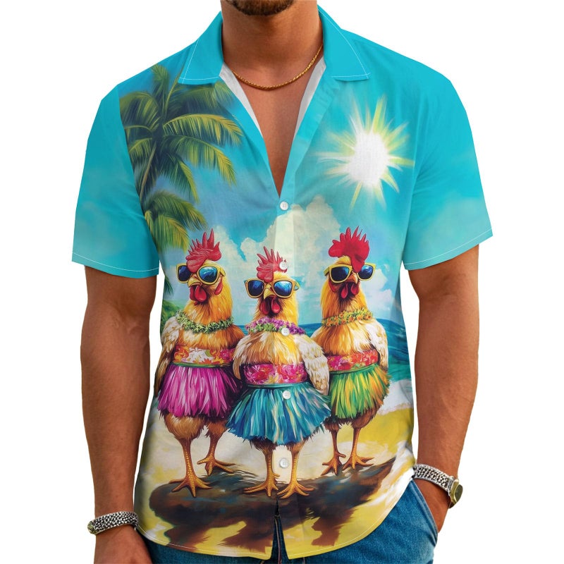 BJU Men's Hawaiian Shirt Funny Rooster Dancing Print Aloha Shirt Beach Tropical Vacation Short Sleeve Button Down Shirt Light Blue - Image 1