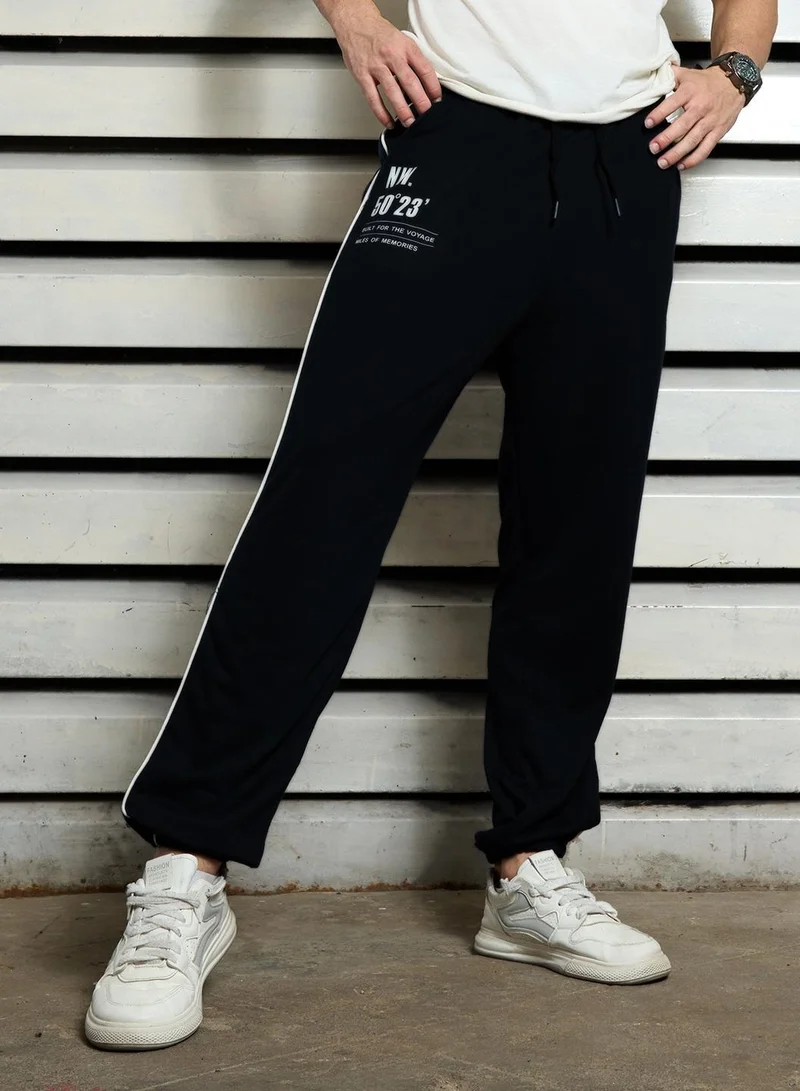 HIGH STAR Navy Oversized Track Pant for Men with Elasticated Drawstring Closure