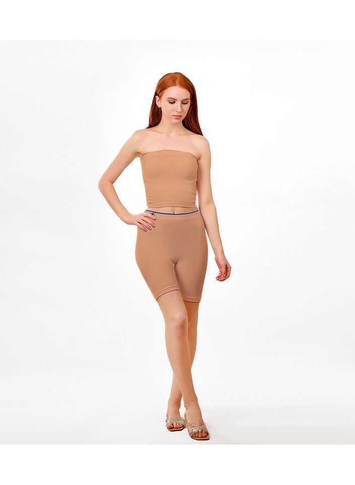 سيلينا وير شورت سيلينا وير بطول الفخذ للنساء - شورت ضاغط بخصر عالٍ، شورت رياضي بدون درزات بلون بيج فاتح للنساء، شورت يوغا مطاطي لتشكيل الجسم، شورت رياضي، شورت راكبي الدراجات للتحكم في البطن، شورت رياضي رياضي للجري والتدريب وركوب الدراجات والاستخدام اليومي. - Image 3