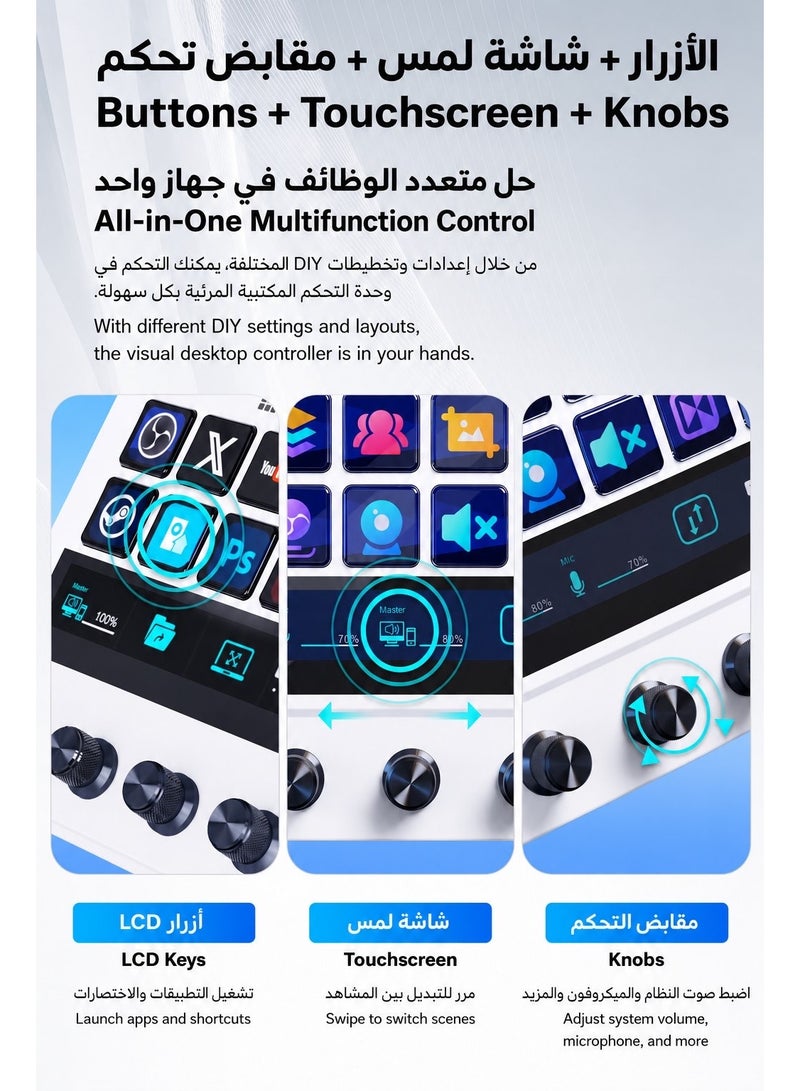 MiraBox N4 Stream Deck Controller with 10 Programmable LCD Keys, 4 Rotary Dials, Touch Bar and USB Hub, Macro Control Pad for Live Streaming, Gaming, Audio Mixing, Content Creation, OBS Studio, Twitch, YouTube, Windows and Mac - Image 2