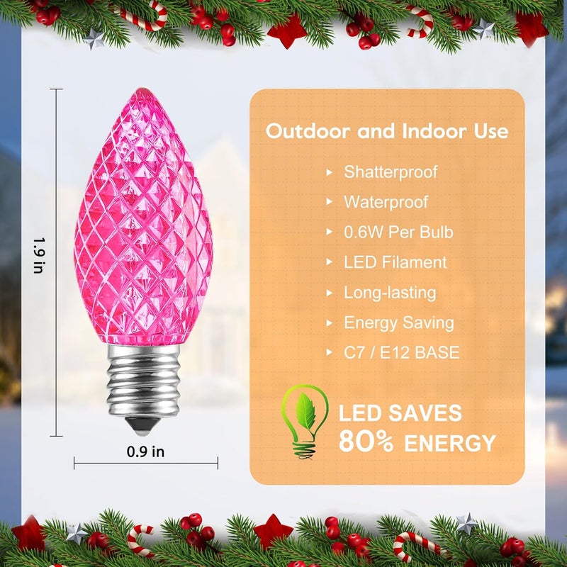 Brightown C7 Pink Christmas LED Replacement Light Bulb C7 Shatterproof Replacement Bulbs for Outdoor Indoor String Lights E12 Candelabra Base Pink Christmas Bulb for Xmas Holiday House Lighting Decoration - Image 2
