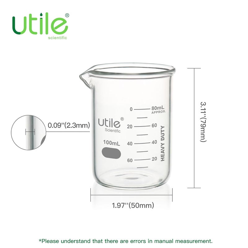 UTILE 100ml Beaker Set, 4pcs of 3.4oz Upgraded Thickening Glass Beakers, Low Form Chemical Lab Beakers, Borosilicate 3.3 Glass with Printed Graduation, 4000.0100.4 - Image 2
