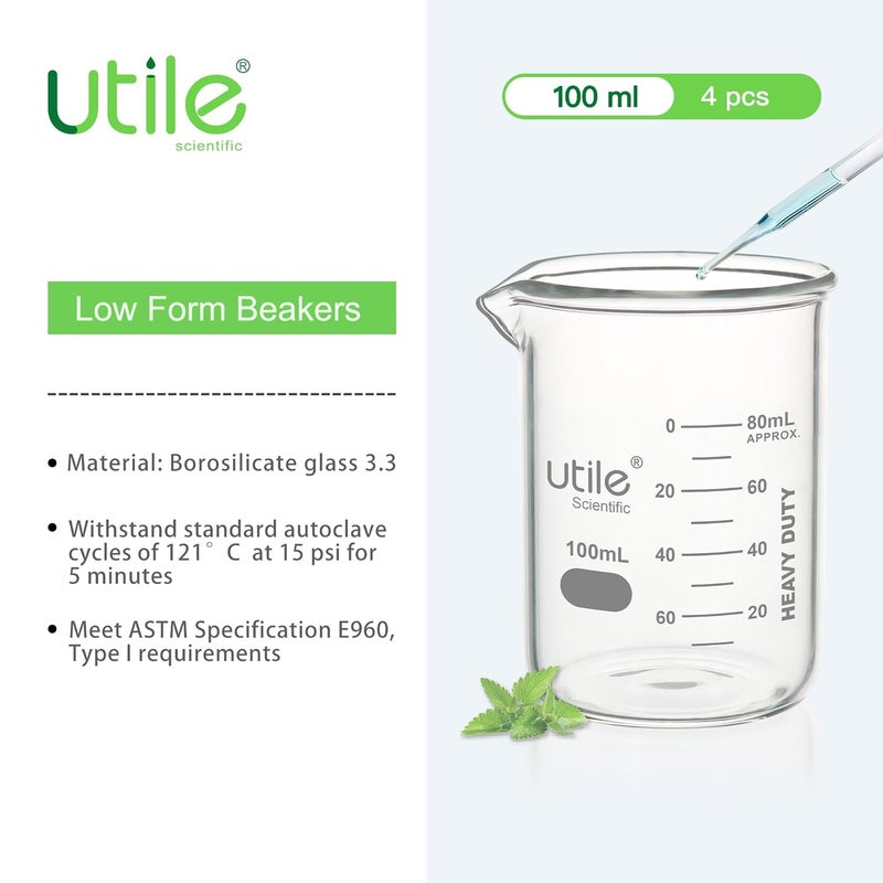 UTILE 100ml Beaker Set, 4pcs of 3.4oz Upgraded Thickening Glass Beakers, Low Form Chemical Lab Beakers, Borosilicate 3.3 Glass with Printed Graduation, 4000.0100.4 - Image 4