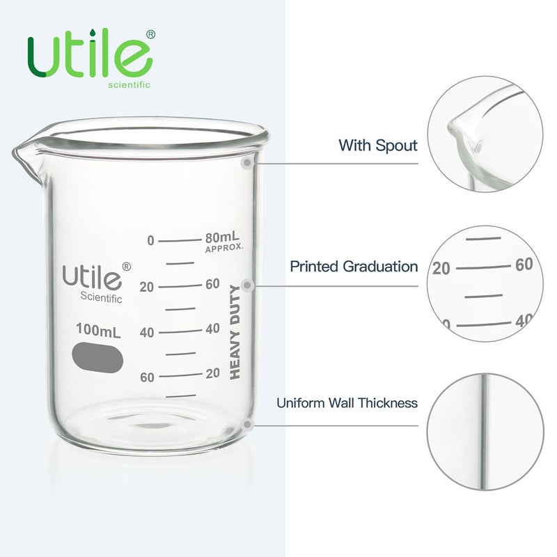 UTILE 100ml Beaker Set, 4pcs of 3.4oz Upgraded Thickening Glass Beakers, Low Form Chemical Lab Beakers, Borosilicate 3.3 Glass with Printed Graduation, 4000.0100.4 - Image 3