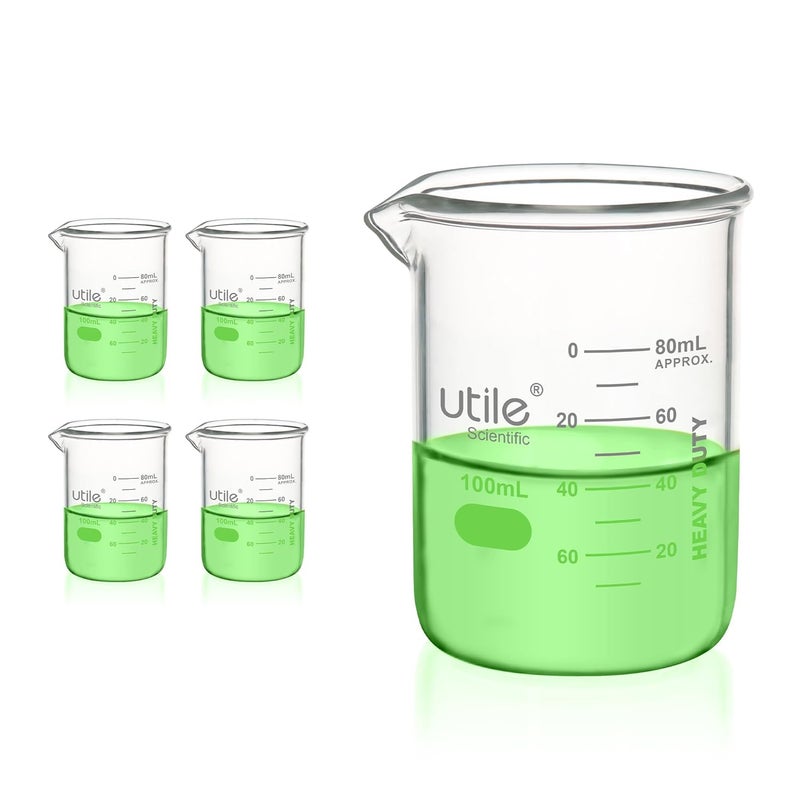 UTILE 100ml Beaker Set, 4pcs of 3.4oz Upgraded Thickening Glass Beakers, Low Form Chemical Lab Beakers, Borosilicate 3.3 Glass with Printed Graduation, 4000.0100.4 - Image 1