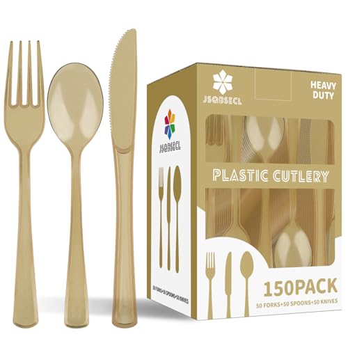 JSQBSECL 150 Pack Plastic Silverware,Disposable Cutlery Set Heavy Duty Utensil Sets 50 Forks 50 Knives 50 Spoons for Brithday, Wedding,Home School Party Picnics Restaurant Outdoor Events (Coffee Clear) - Image 1