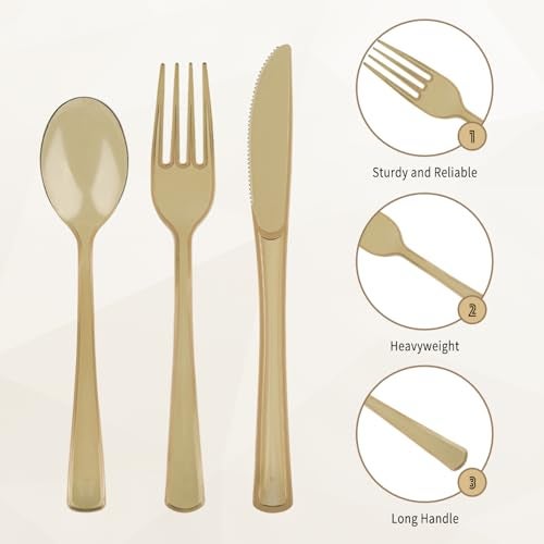 JSQBSECL 150 Pack Plastic Silverware,Disposable Cutlery Set Heavy Duty Utensil Sets 50 Forks 50 Knives 50 Spoons for Brithday, Wedding,Home School Party Picnics Restaurant Outdoor Events (Coffee Clear) - Image 3