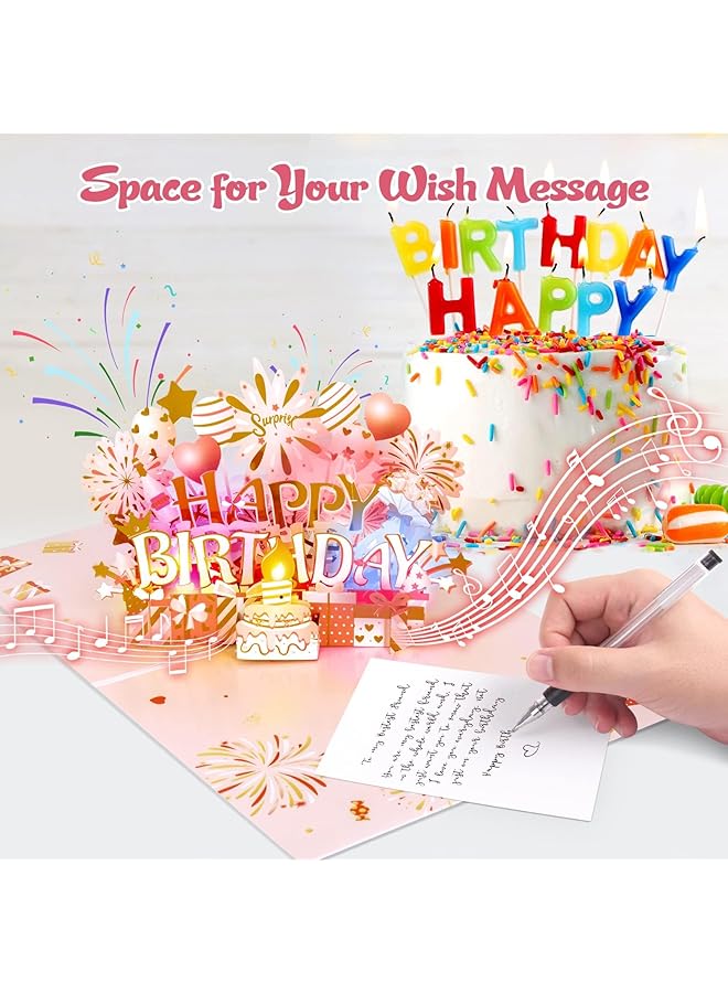 إيروريكس بطاقات عيد ميلاد منبثقة ثلاثية الأبعاد وبطاقة عيد ميلاد موسيقية قابلة للنفخ وضوء شمعة LED وموسيقى هدايا للنساء والأم والزوجة والجدة وبطاقات تهنئة عيد ميلاد مع مظاريف باللون الذهبي الوردي - Image 5