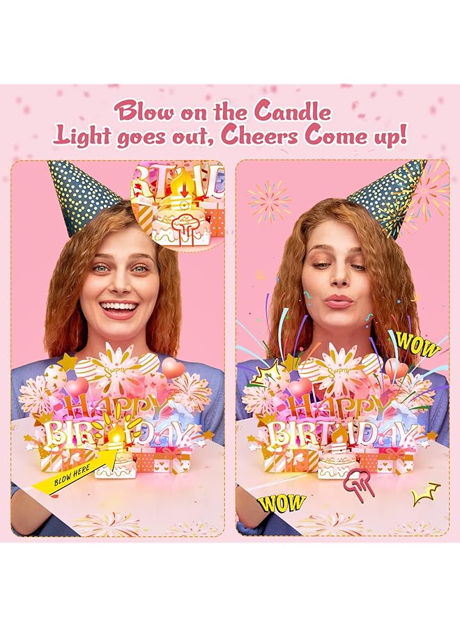 إيروريكس بطاقات عيد ميلاد منبثقة ثلاثية الأبعاد وبطاقة عيد ميلاد موسيقية قابلة للنفخ وضوء شمعة LED وموسيقى هدايا للنساء والأم والزوجة والجدة وبطاقات تهنئة عيد ميلاد مع مظاريف باللون الذهبي الوردي - Image 2