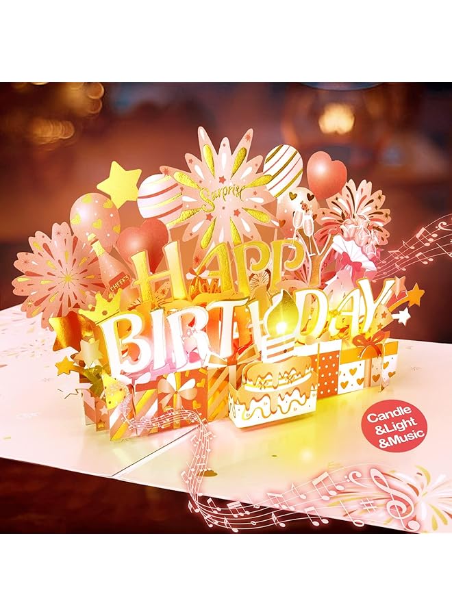 إيروريكس بطاقات عيد ميلاد منبثقة ثلاثية الأبعاد وبطاقة عيد ميلاد موسيقية قابلة للنفخ وضوء شمعة LED وموسيقى هدايا للنساء والأم والزوجة والجدة وبطاقات تهنئة عيد ميلاد مع مظاريف باللون الذهبي الوردي - Image 1