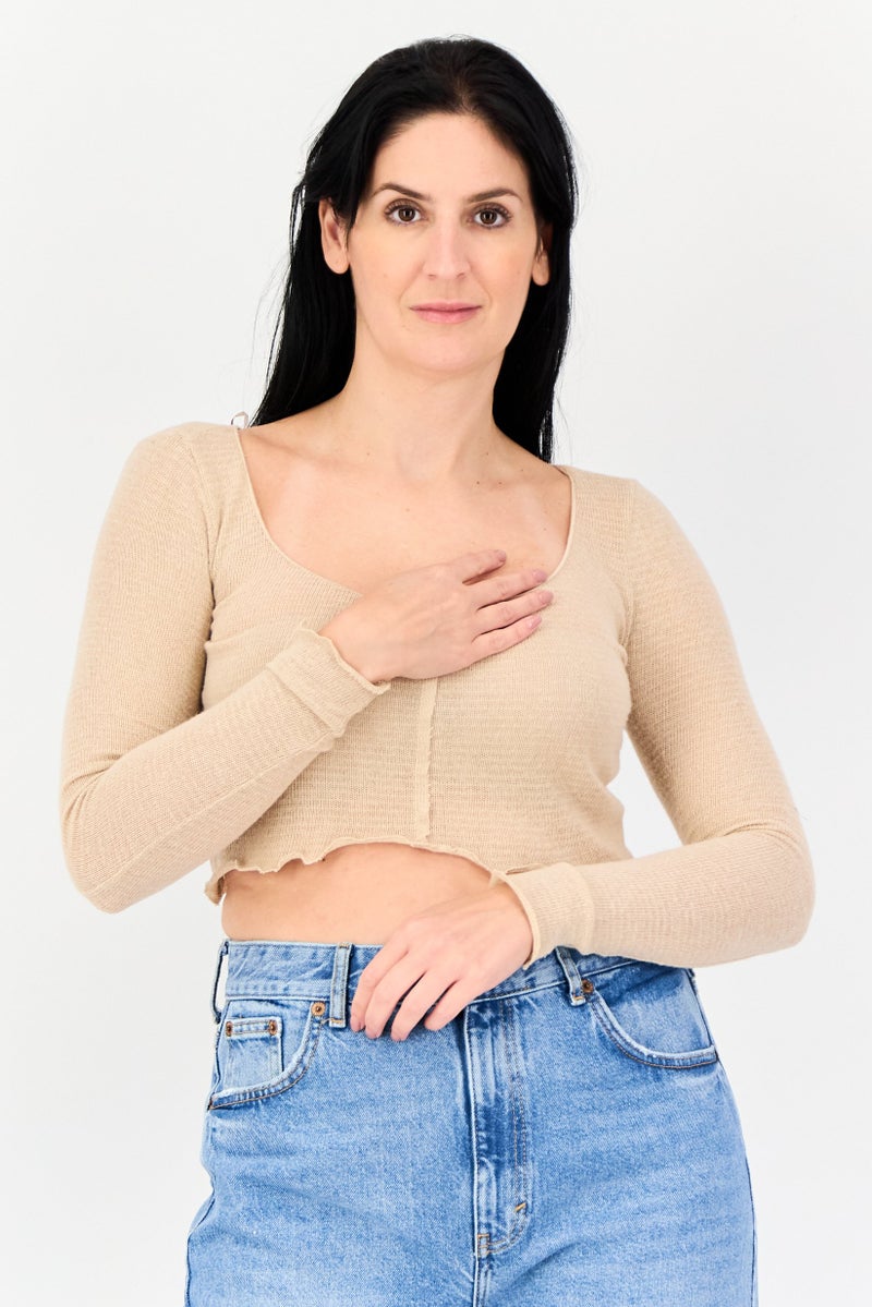 Bershka Women Scoop Neck Long Sleeve Textured Top, Beige - Image 1