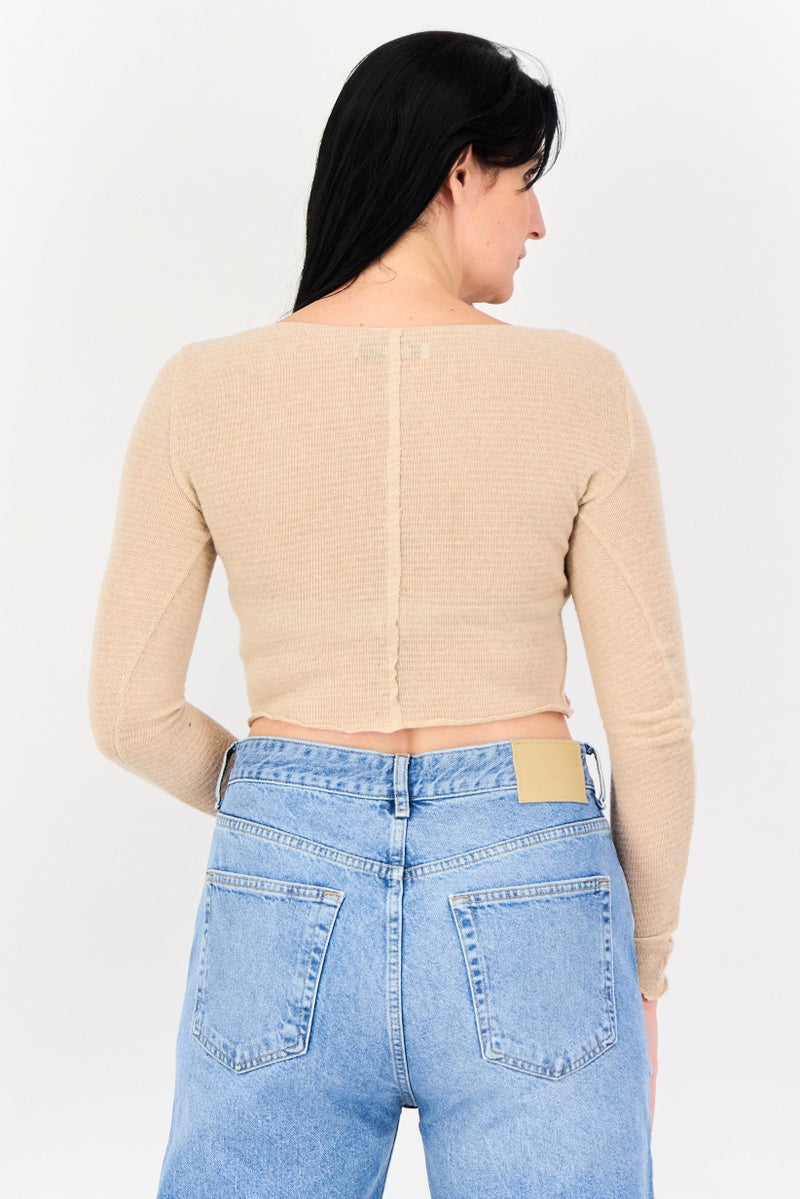 Bershka Women Scoop Neck Long Sleeve Textured Top, Beige - Image 3