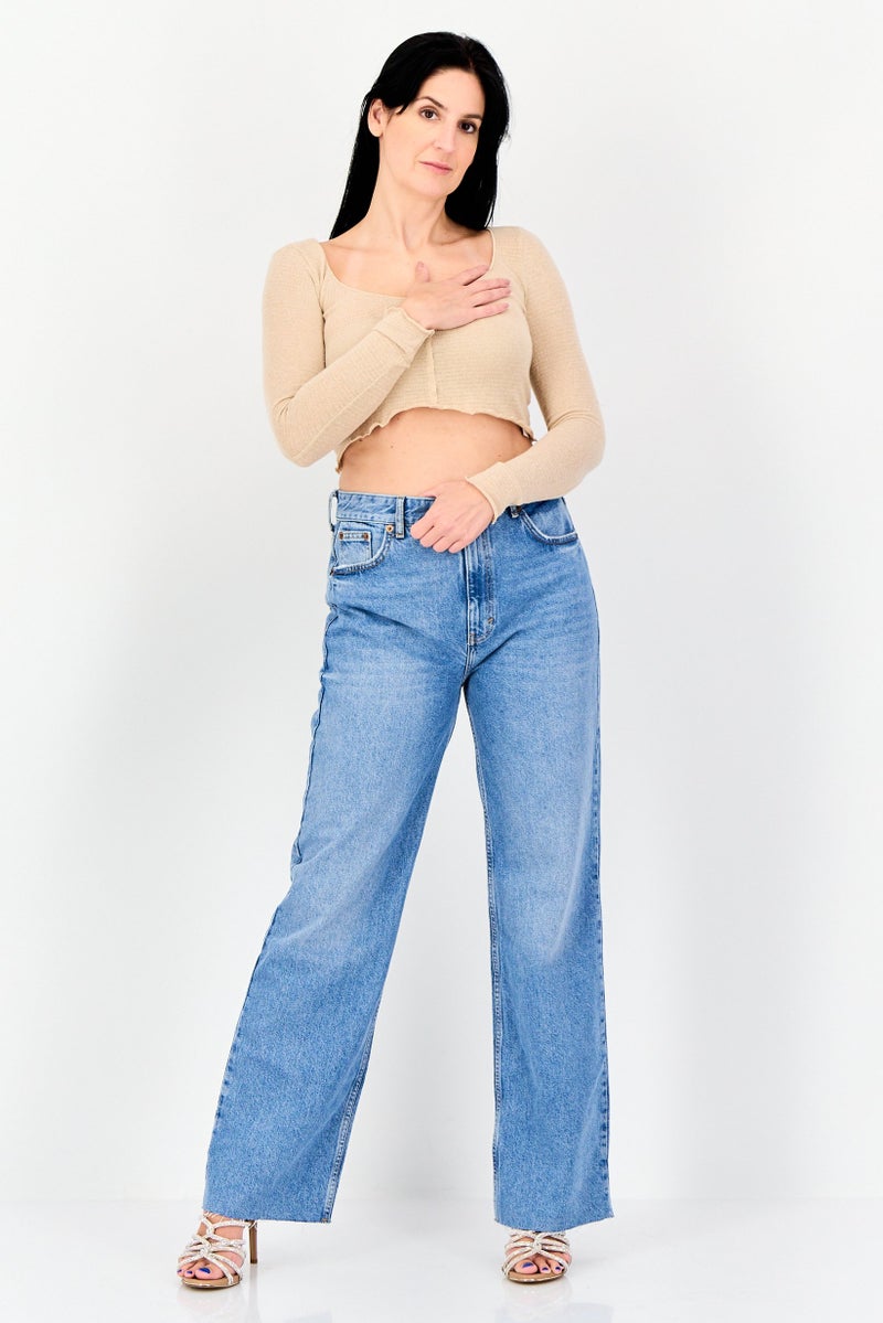 Bershka Women Scoop Neck Long Sleeve Textured Top, Beige - Image 4