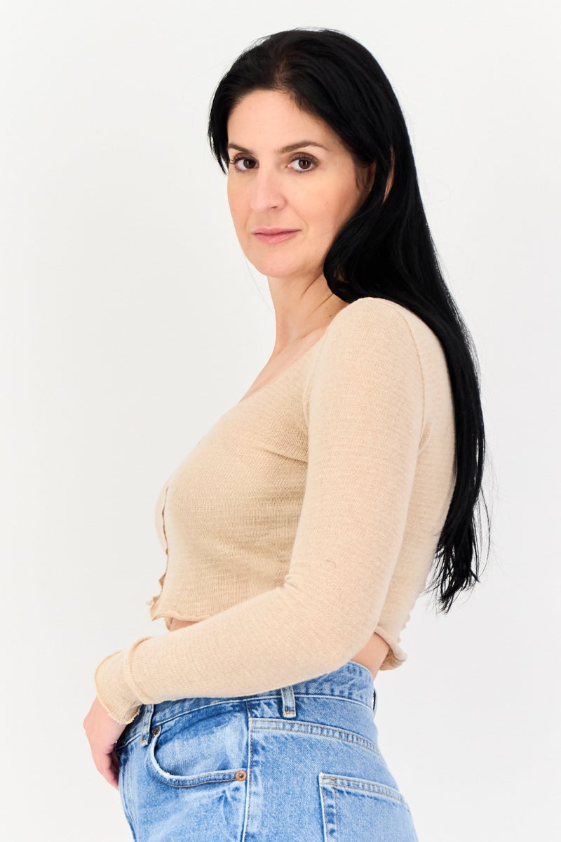 Bershka Women Scoop Neck Long Sleeve Textured Top, Beige - Image 2