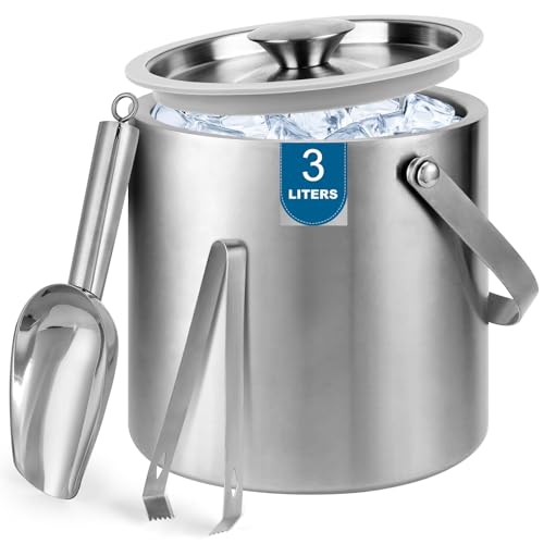 Berverra Portable Ice Buckets for Parties3 Liter Double Wall Ice Bucket with LidScoopTongsHandleStainless Steel Ice Container to Keep Ice Frozen Longer Ideal for Cocktail BarCampingChilling BeerWine - Image 1