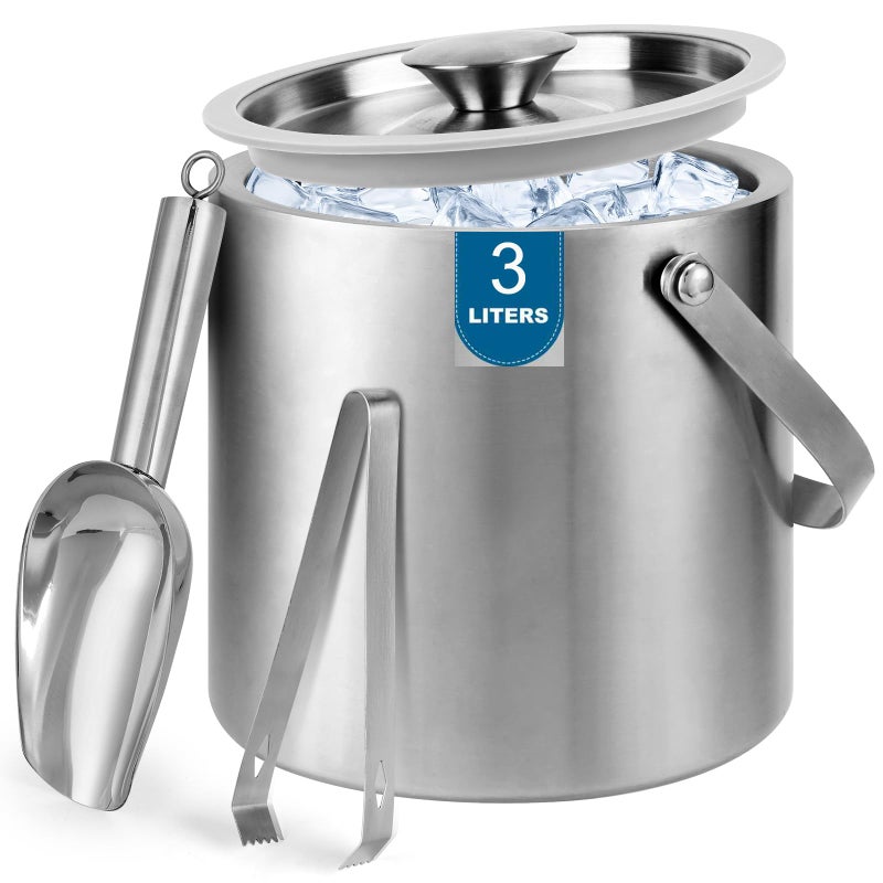 Berverra Portable Ice Buckets for Parties3 Liter Double Wall Ice Bucket with LidScoopTongsHandleStainless Steel Ice Container to Keep Ice Frozen Longer Ideal for Cocktail BarCampingChilling BeerWine - Image 2
