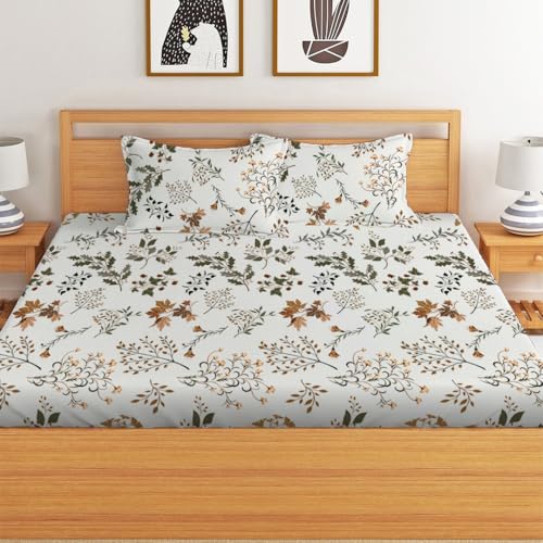 LOOMLYFE 300 TC Cotton Feel Glace Cotton Elastic Fitted Printed King Size Double Bed Bedsheet with 2 Pillow Covers Fits Upto 8 inches Mattress, Size- 72X78 Inches, WhiteMaple - Image 2