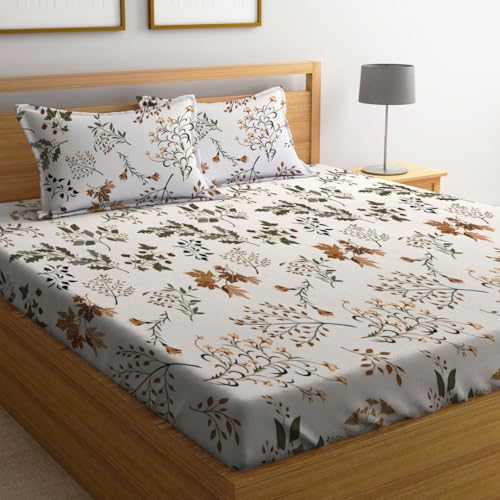 LOOMLYFE 300 TC Cotton Feel Glace Cotton Elastic Fitted Printed King Size Double Bed Bedsheet with 2 Pillow Covers Fits Upto 8 inches Mattress, Size- 72X78 Inches, WhiteMaple - Image 1