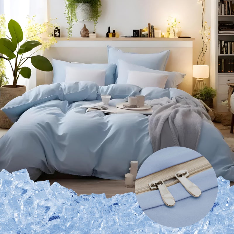 MOHAP Bedding Double Duvet Cover Set 3 PCS Plain Brushed Microfiber Easter Gift Bedding 1 Duvet Cover with 2 Zippers and 2 Pillowcases Light Blue