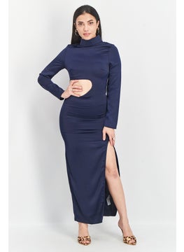 Women Side Cut Out Solid Maxi Dress, Navy
