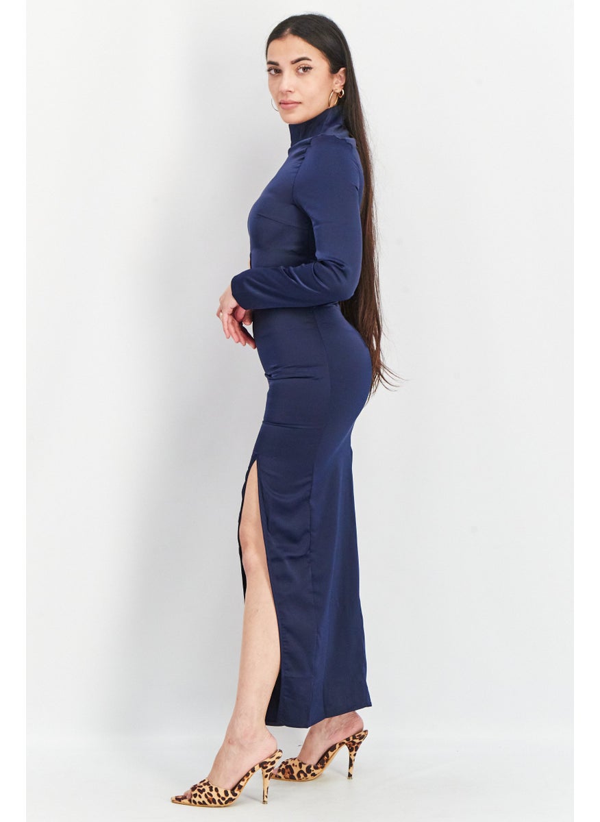 Unique21 - Women Side Cut Out Solid Maxi Dress, Navy - Image 1