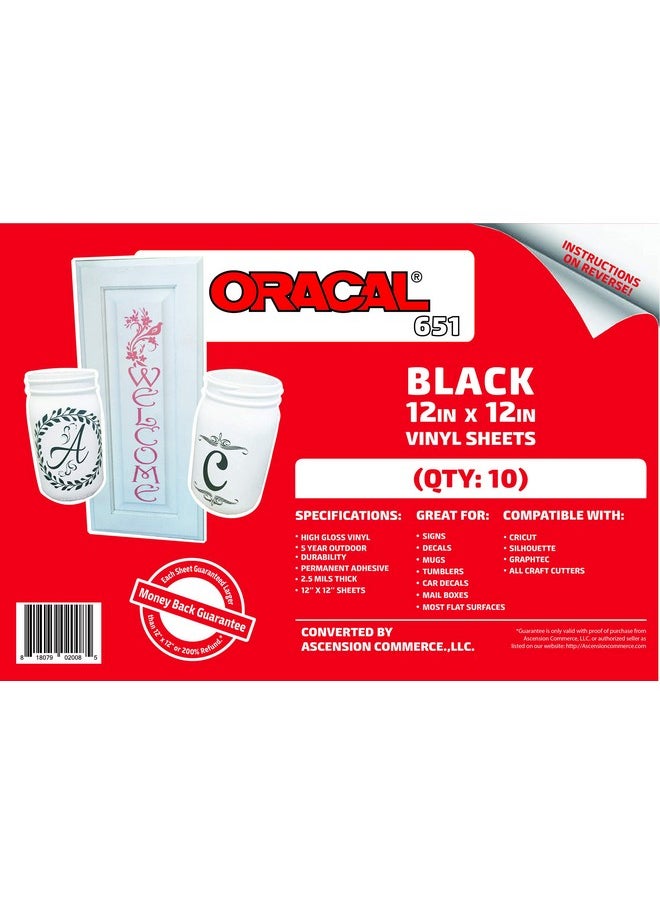 ORACAL (10) 12 X 12 Sheets Oracal 651 Black Adhesive Craft Vinyl For Cricut Silhouette Cameo Craft Cutters Printers And Decals Gloss Finish Outdoor And Permanent  - Image 2
