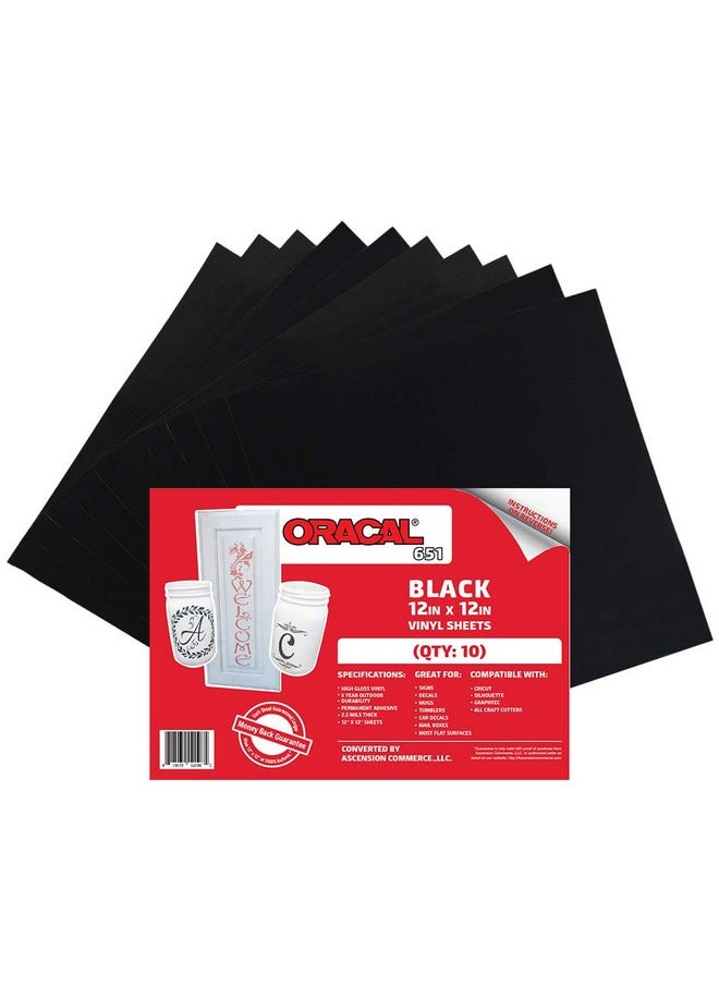ORACAL (10) 12 X 12 Sheets Oracal 651 Black Adhesive Craft Vinyl For Cricut Silhouette Cameo Craft Cutters Printers And Decals Gloss Finish Outdoor And Permanent  - Image 1