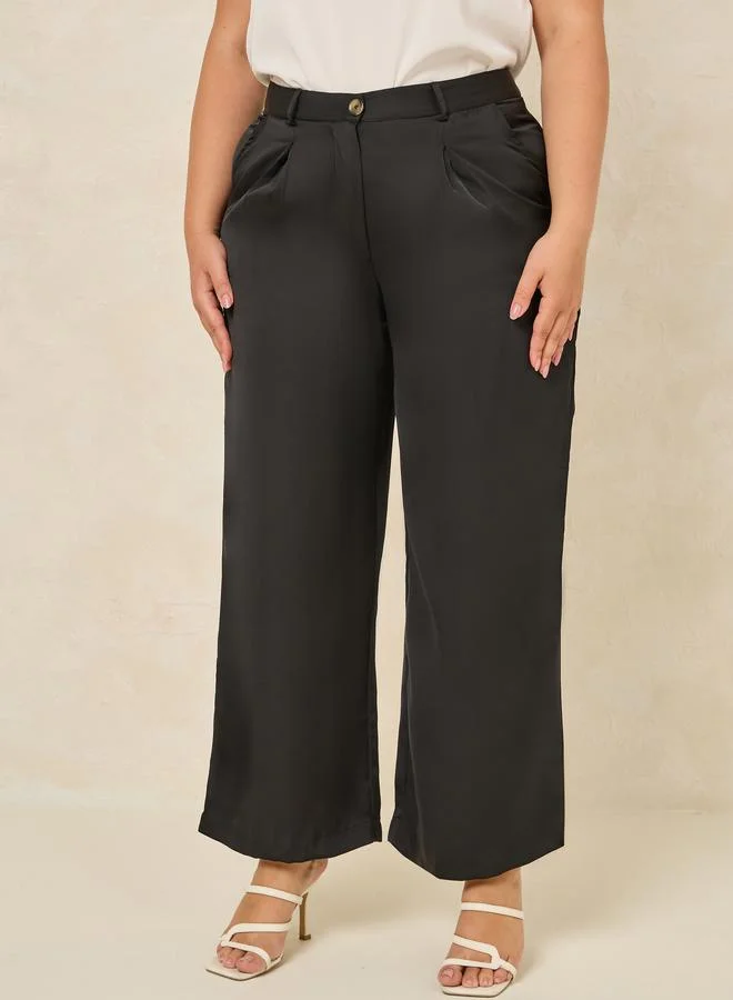 Styli Plus Size Satin Ankle Length Wide Leg Pants