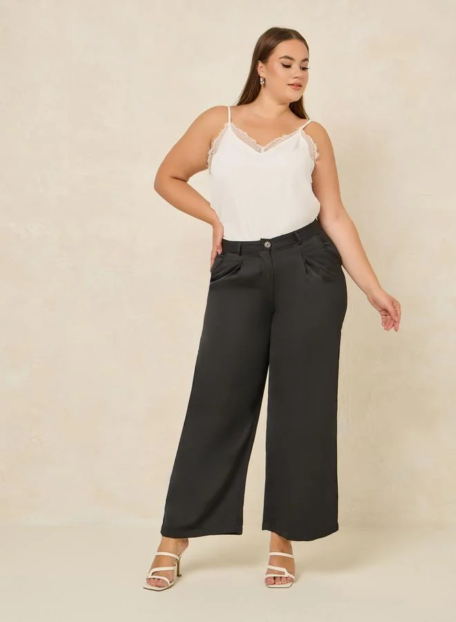 Styli Plus Size Satin Ankle Length Wide Leg Pants