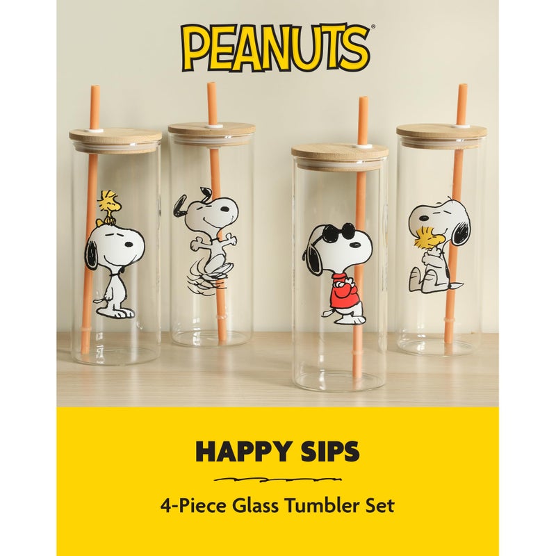 Peanuts Snoopy Happy Sips 4 Piece 23 OZ Tumbler Set with 4 Bamboo Lids and 4 Straws Set, Iced Coffee, Smoothie, Water Cup - Dishwasher Safe - Image 2