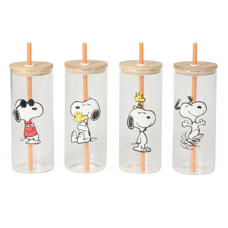 Peanuts Snoopy Happy Sips 4 Piece 23 OZ Tumbler Set with 4 Bamboo Lids and 4 Straws Set, Iced Coffee, Smoothie, Water Cup - Dishwasher Safe - Image 1