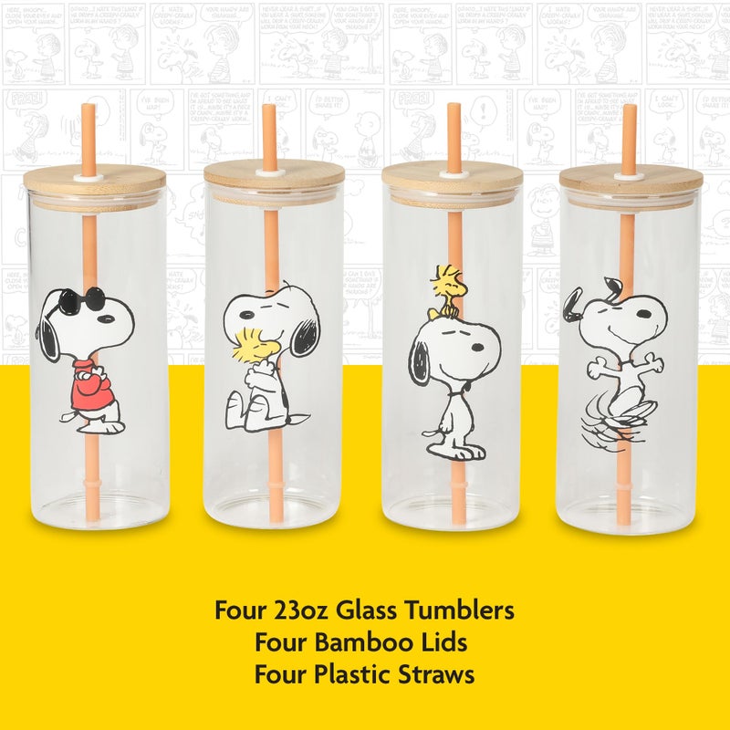 Peanuts Snoopy Happy Sips 4 Piece 23 OZ Tumbler Set with 4 Bamboo Lids and 4 Straws Set, Iced Coffee, Smoothie, Water Cup - Dishwasher Safe - Image 3