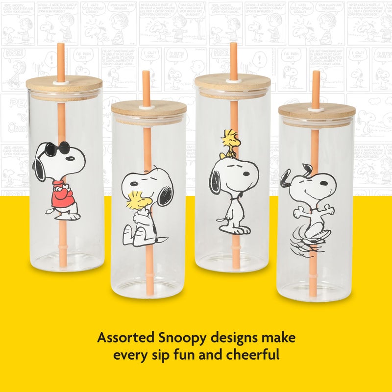 Peanuts Snoopy Happy Sips 4 Piece 23 OZ Tumbler Set with 4 Bamboo Lids and 4 Straws Set, Iced Coffee, Smoothie, Water Cup - Dishwasher Safe - Image 5