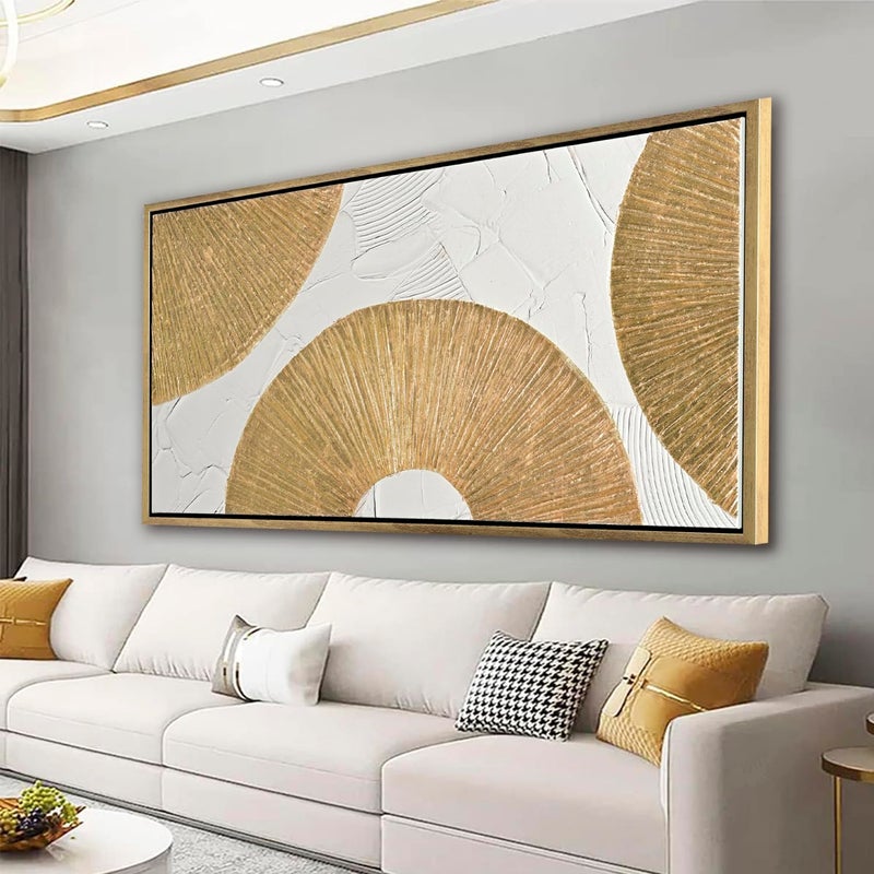 TRAIN2 ART 20"x40" Framed White and Gold Abstract Textured Wall Art, Circle Block Minimalist Pictures Canvas Wall Deco for Living Room Bedroom Office Gallery - Image 1