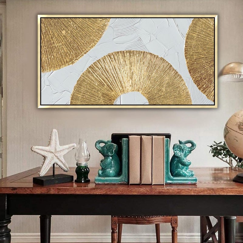 TRAIN2 ART 20"x40" Framed White and Gold Abstract Textured Wall Art, Circle Block Minimalist Pictures Canvas Wall Deco for Living Room Bedroom Office Gallery - Image 3