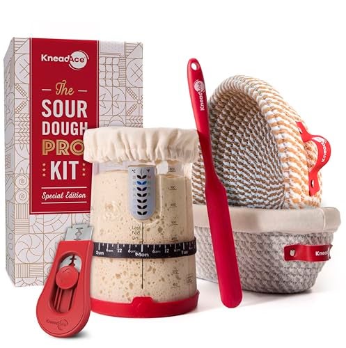 KneadAce Sourdough Starter Kit – 34oz Starter Jar, 2 Cotton Rope Banneton Proofing Baskets, Magnetic Bread Lame for Scoring – Gift for Bakers & Complete Sourdough Bread Baking Set - Image 1