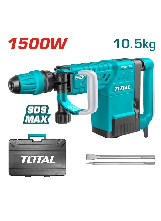 توتال - Total مطرقة جاك للكسارة الهدمية بقدرة 1500 وات، 10 كجم، ظرف SDS-MAX، 1000-1900 نبضة في الدقيقة، قوة التأثير 6-25J، نظام مضاد للاهتزاز، يتضمن إزميلين وفرش كربون إضافية - TH215002 - Image 1