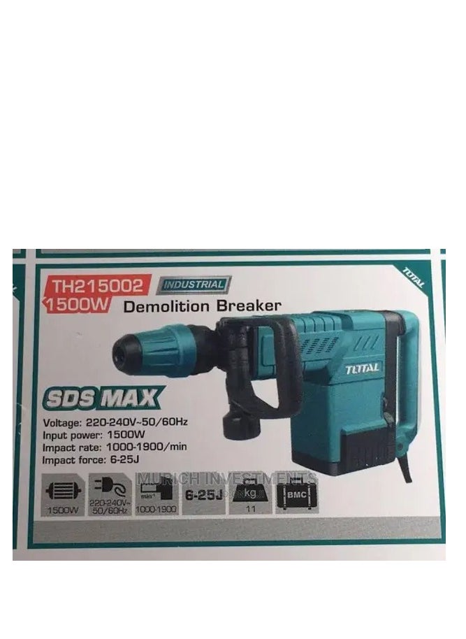 توتال - Total مطرقة جاك للكسارة الهدمية بقدرة 1500 وات، 10 كجم، ظرف SDS-MAX، 1000-1900 نبضة في الدقيقة، قوة التأثير 6-25J، نظام مضاد للاهتزاز، يتضمن إزميلين وفرش كربون إضافية - TH215002 - Image 1