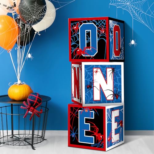 Feifeiya 3 Pcs Spider 1st Birthday Decoration Spider Theme Balloon Boxes One Baby Letter Box Theme One Blocks for Boy First Birthday Party Decoration Backdrop Photoshoot Props - Image 1