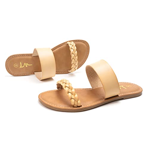 LM Women's Braided Slide Sandals Open Toe Two Strap Slip On Flat Sandals Casual Summer Shoes (Beige, numeric_7) - Image 4
