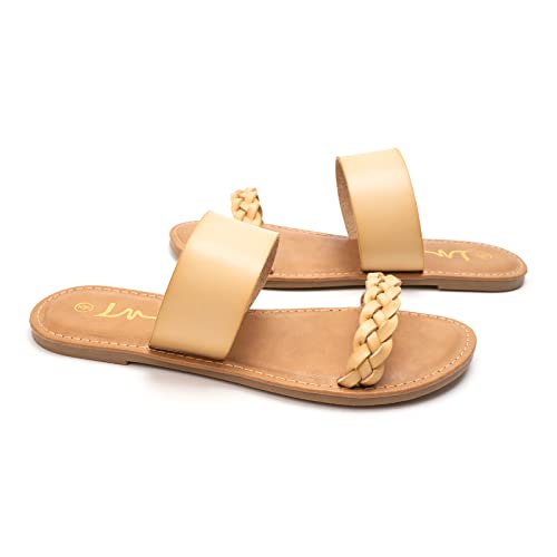 LM Women's Braided Slide Sandals Open Toe Two Strap Slip On Flat Sandals Casual Summer Shoes (Beige, numeric_7) - Image 5