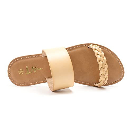 LM Women's Braided Slide Sandals Open Toe Two Strap Slip On Flat Sandals Casual Summer Shoes (Beige, numeric_7) - Image 2