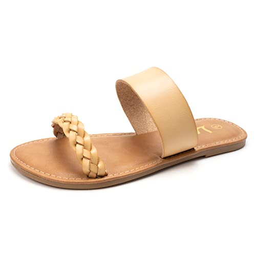 LM Women's Braided Slide Sandals Open Toe Two Strap Slip On Flat Sandals Casual Summer Shoes (Beige, numeric_7) - Image 1
